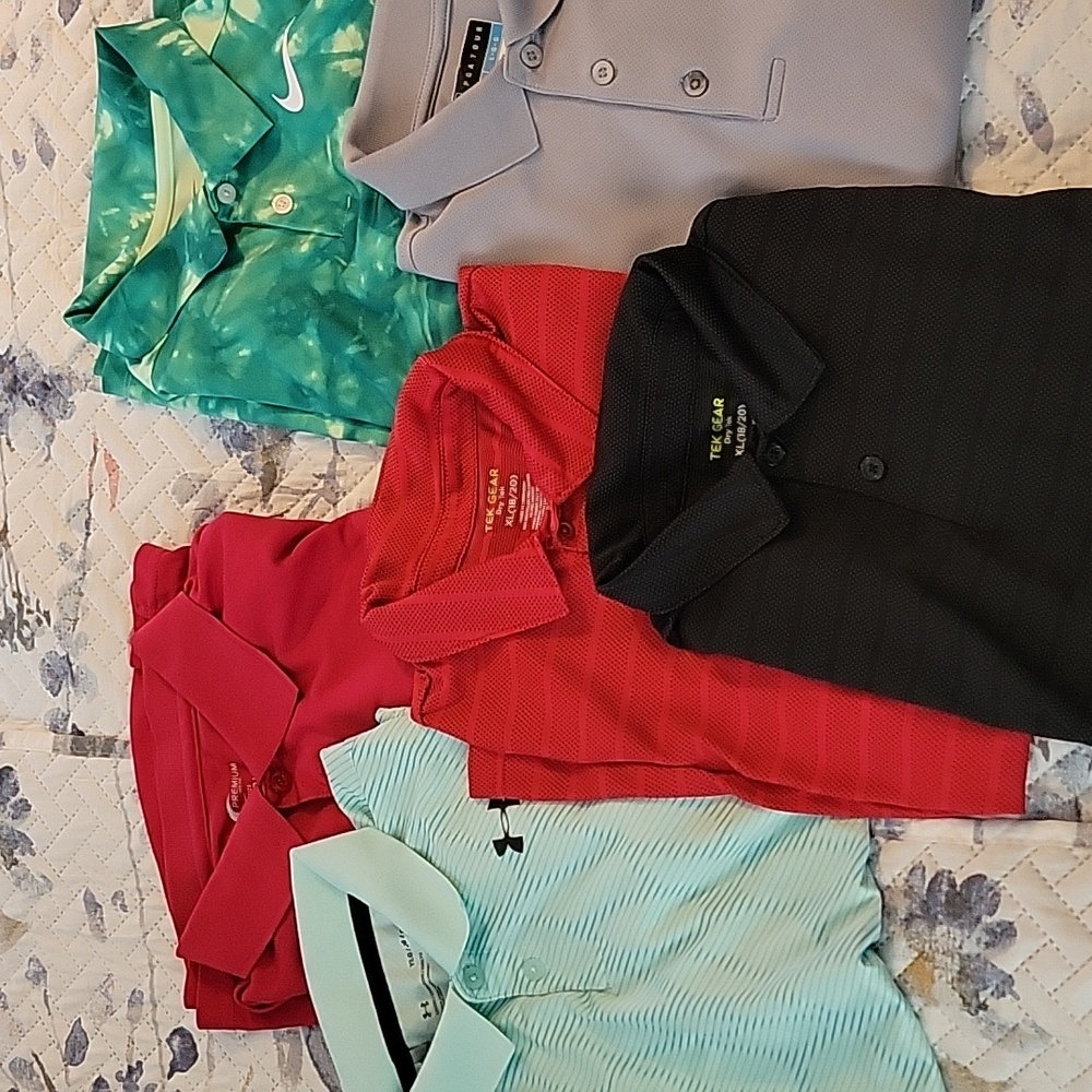 Boys Dri fit polos; Nike, PGA, Under Armour